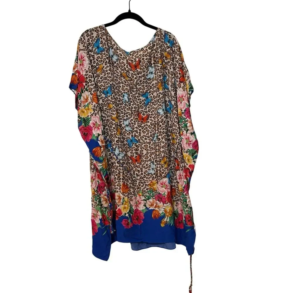 Johnny Was Butterfly Cheetah Print Floral Brown Blue Swim Mini Kaftan Size 1X